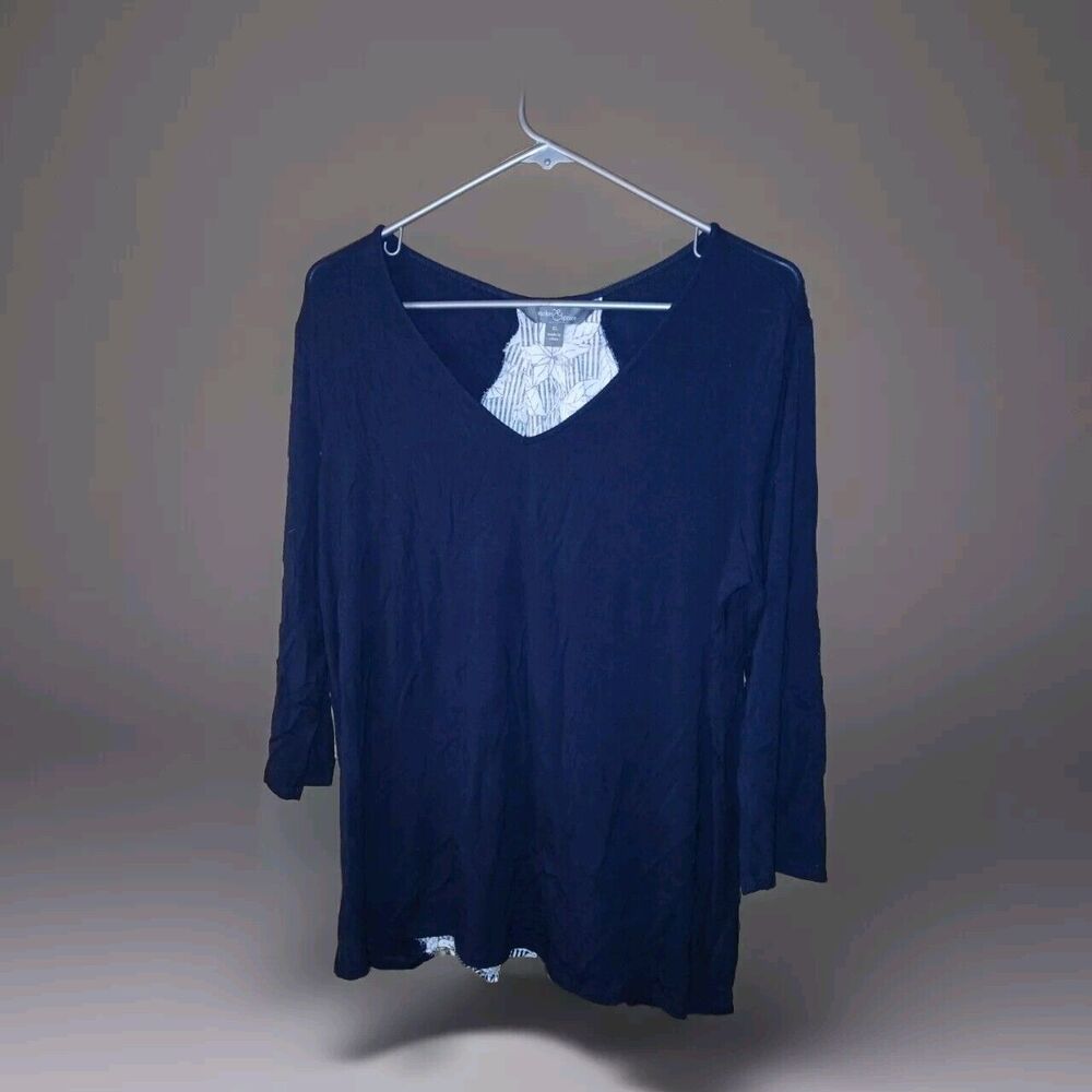 Market & Spruce Blouse Womens XL Long Sleeve V Neck Blue With Floral Contrast